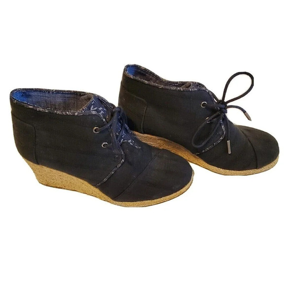 Toms Desert Lace Up Canvas Espadrille Wedge Ankle Boot Black Women's sz 6 - Picture 1 of 5